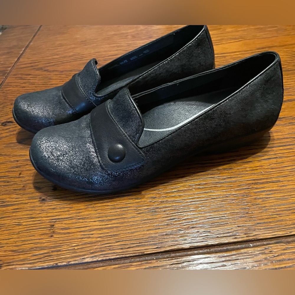 Dansko Women's Black Slip-On Loafers with Button Accent